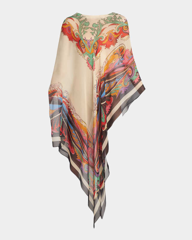 Asymmetrical Paisley-Print Long Poncho